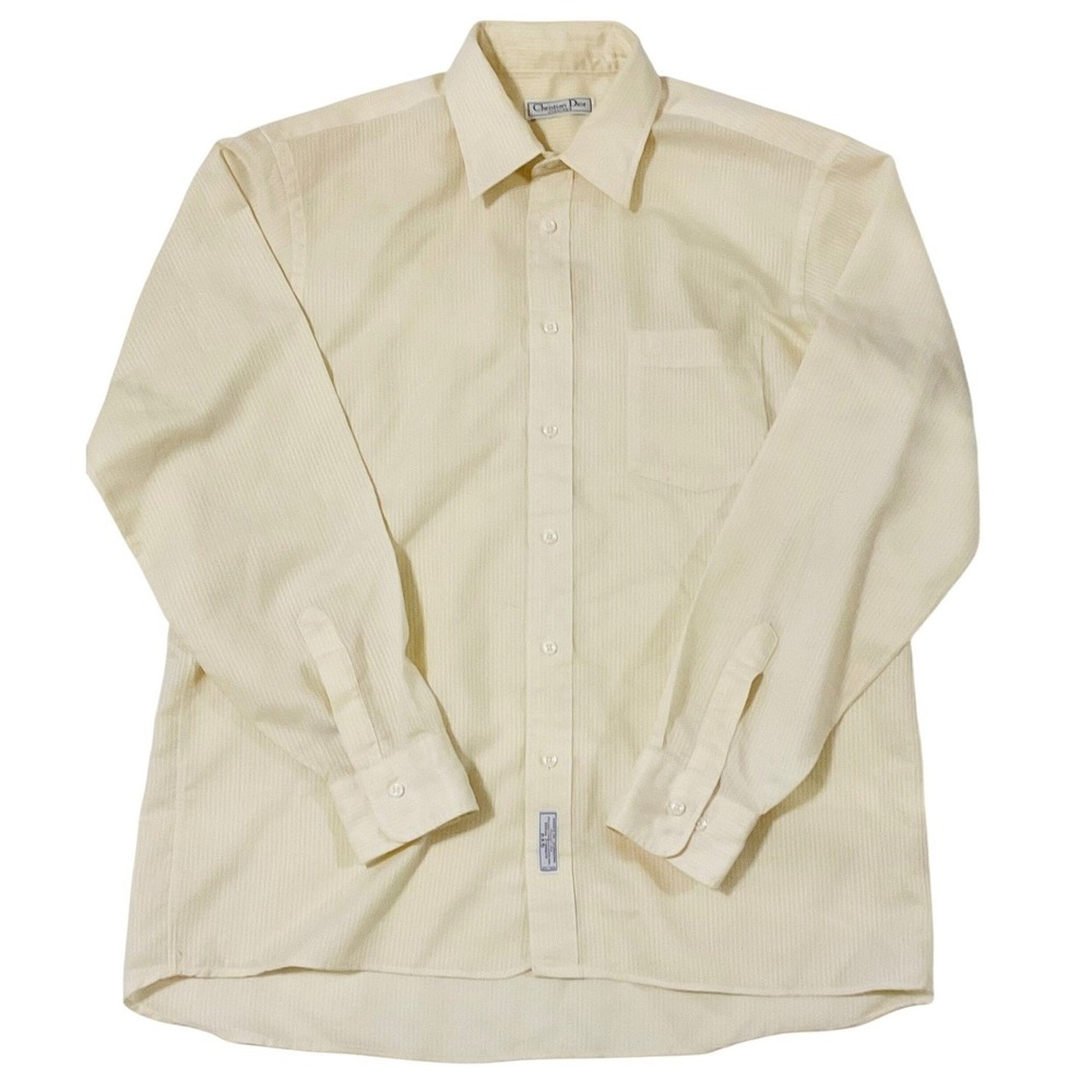 Vtg Christian Dior‎ Chemises men's button shirt wrinkle resist yellow 16.5 34-35